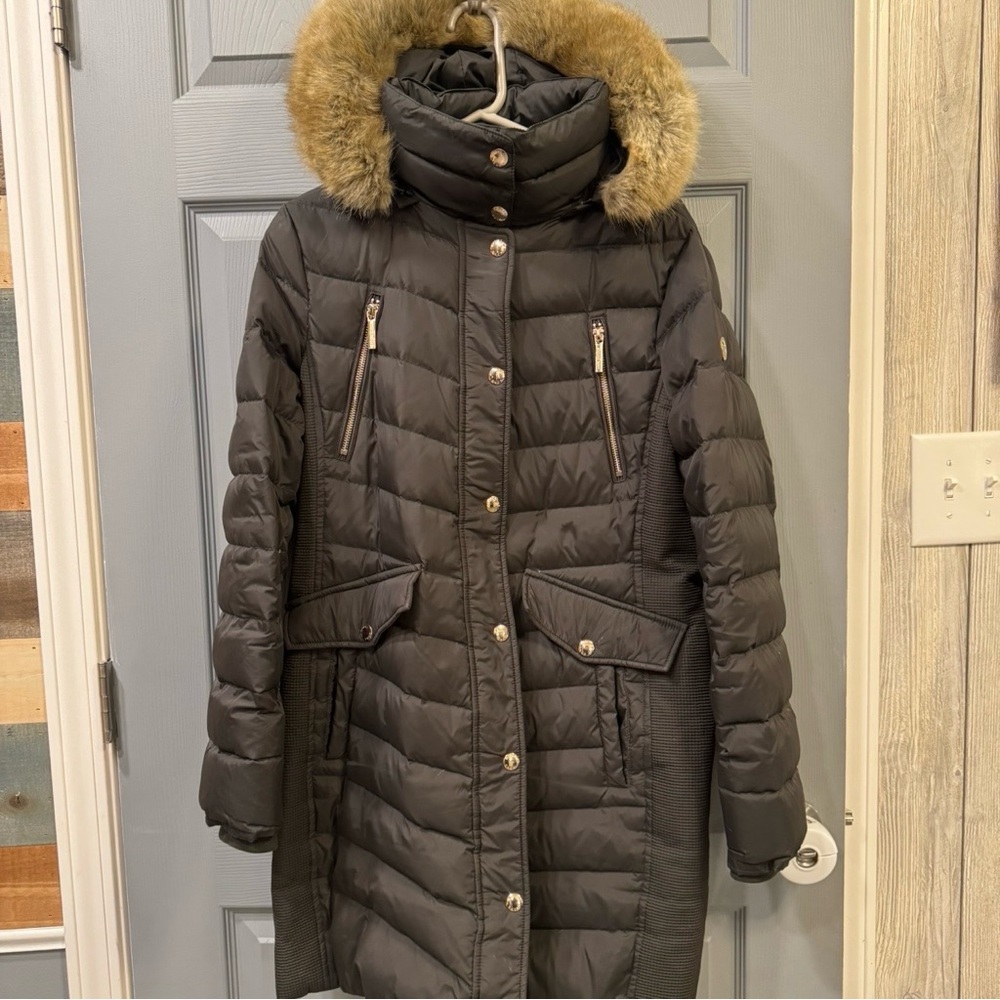 Michael Kors Army Green Puffer Coat with Fur Trim- Excellent Condition